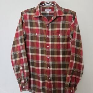 Wallace & Barnes Midweight Flannel Shirt Size Small Orange Red Plaid Button Up